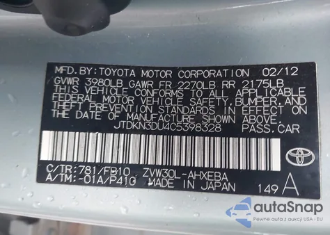 2012 Toyota Prius Two from USA, damaged, VIN JTDKN3DU4C5398328